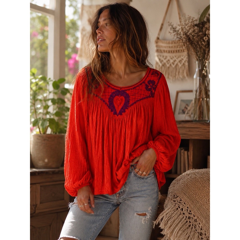 NWT Free People Size S Orange Embroidered Boho Peasant Blouse Babydoll Top